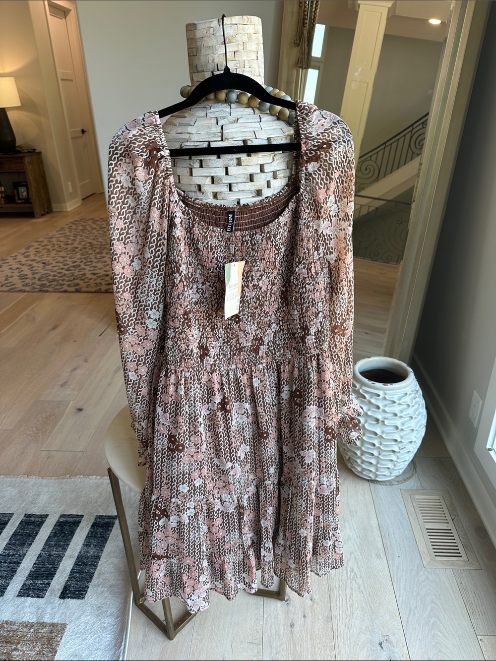 Smocked Floral Long Sleeve Midi Dress - Pink Brown